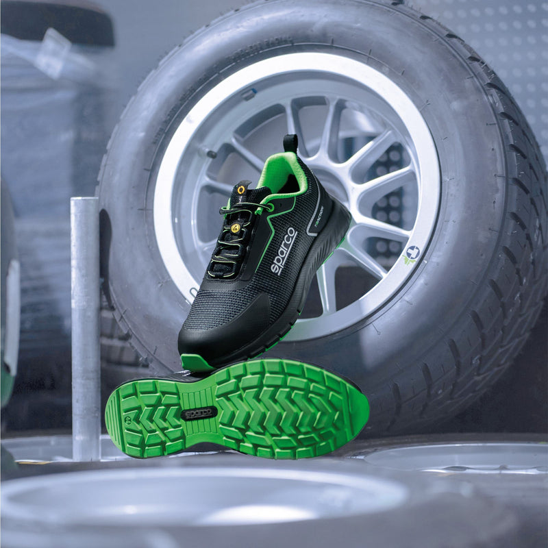 Sparco Safety Shoes S1PS Traction Sanyo Unisex Black/Fluorescent Green — Black/Fluo green